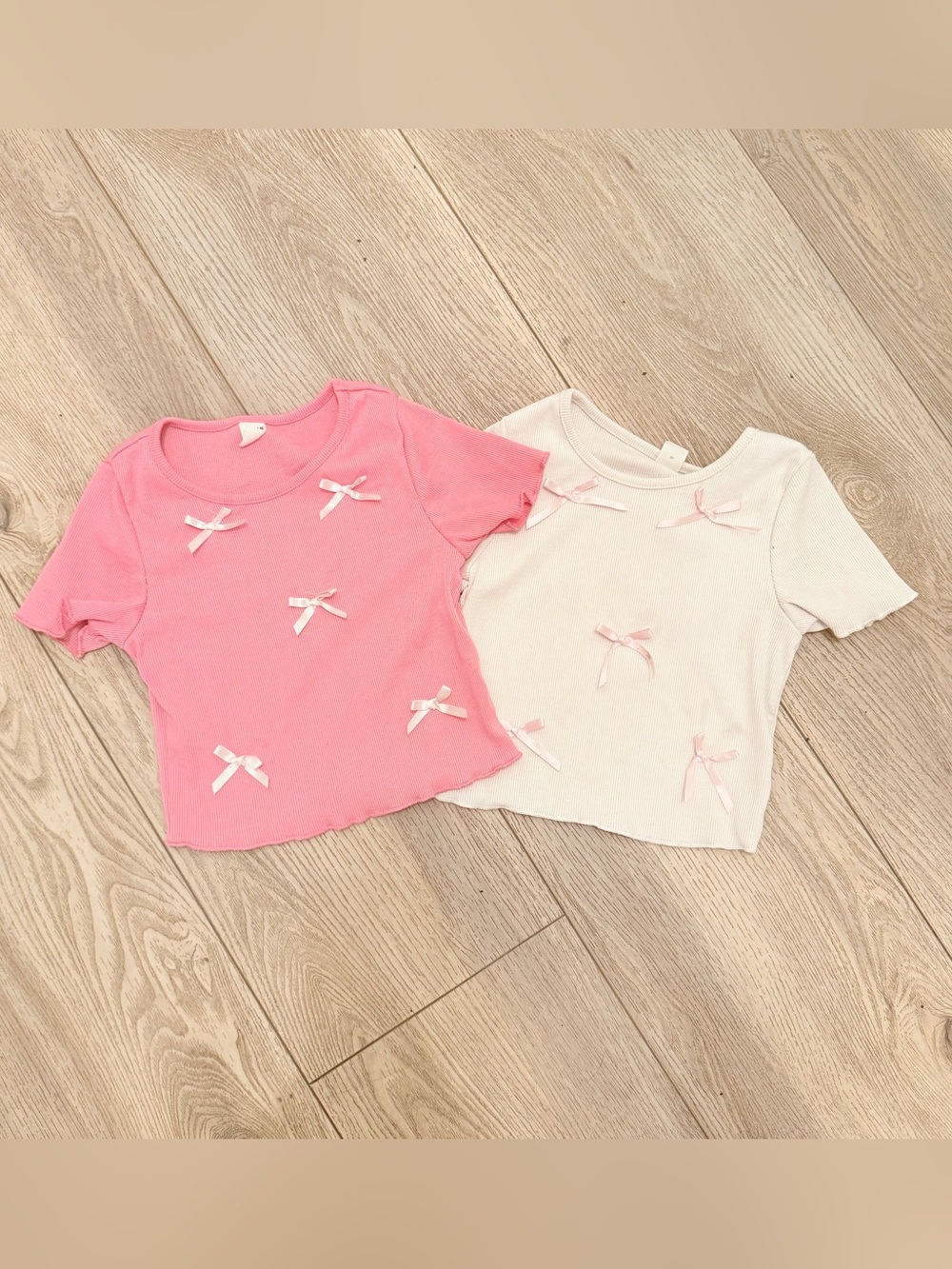 SHEIN Girls Short Sleeve Bow Trim Tee - Pink & Cream